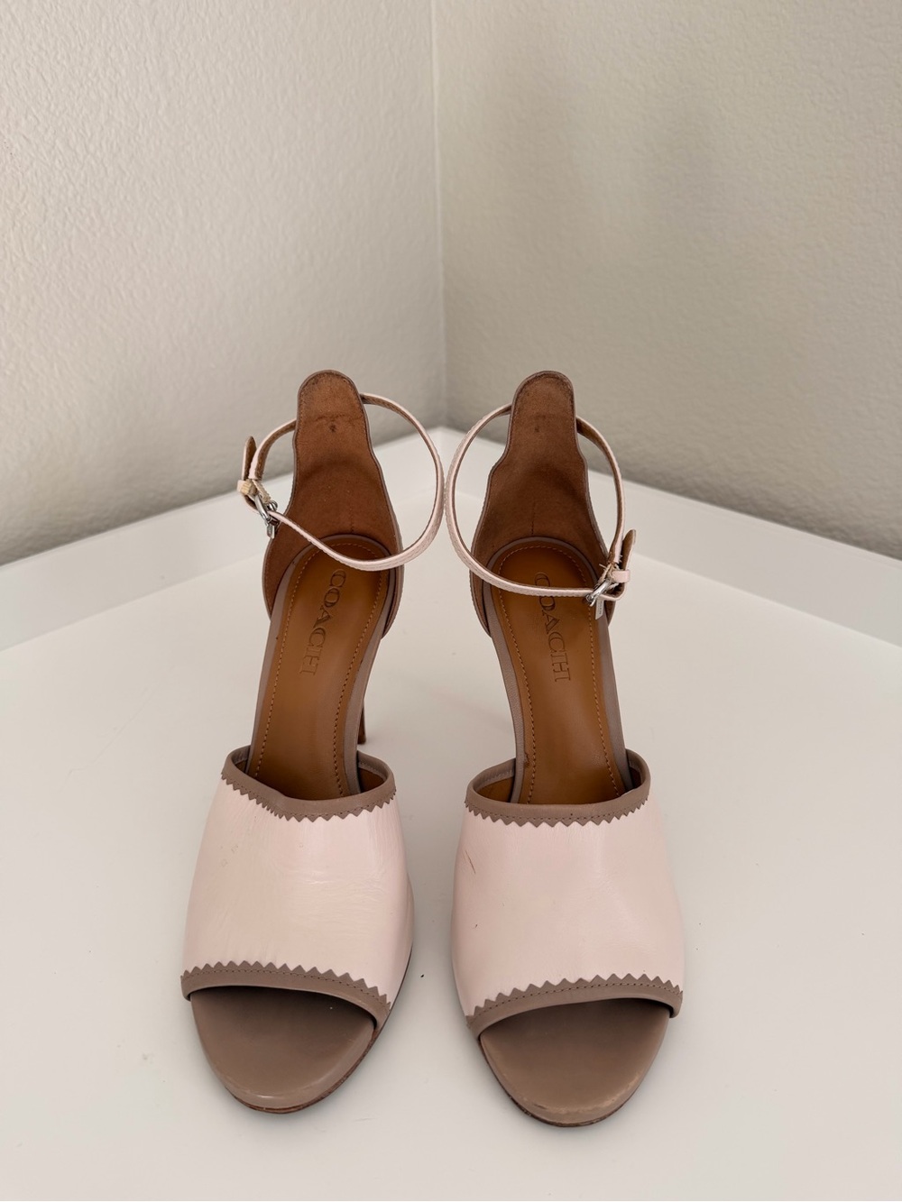 Coach Two-Tone Pink and Brown Leather Ankle-Strap Heels